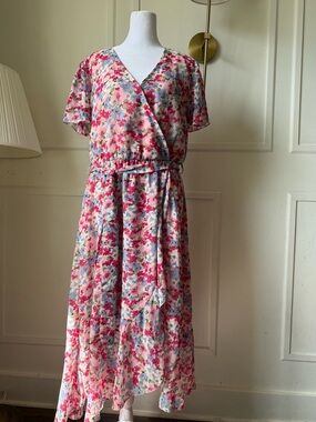 PrettyGarden Pink Floral Wrap Maxi Dress with Self-Tie Waist
